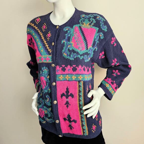 Northern Isles L Embroidered Medieval Fantasy Cardigan Sweater Whimsy Navy Blue - Picture 6 of 10